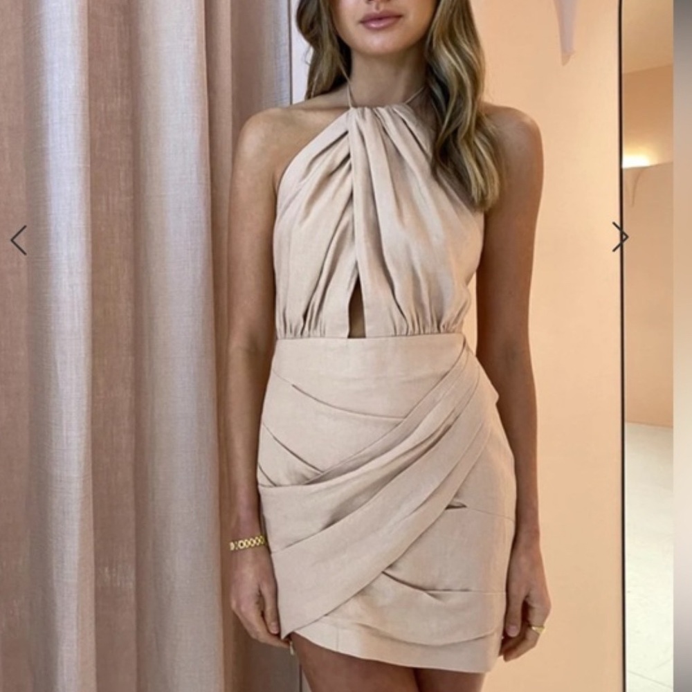 Significant Other SIZE SMALL Elegant BEIGE LINEN  Halter Dress